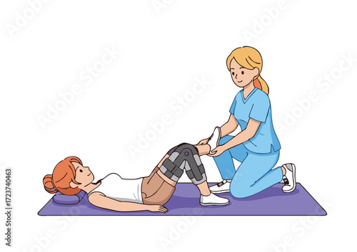Physical Therapist Assisting Patient with Knee Brace Supportive Care.