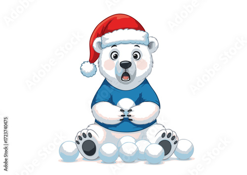 Surprised Polar Bear Cub in Santa Hat Blue Shirt Holding Snowball.