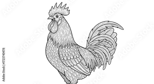 Intricate Rooster Illustration in Black and White for Design Projects
