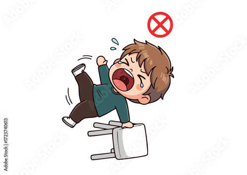 Cartoon Boy Falling Off Chair Crying and Showing Distress.
