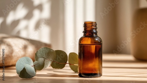 Amber glass bottle of eucalyptus essential oil in natural sunlight.