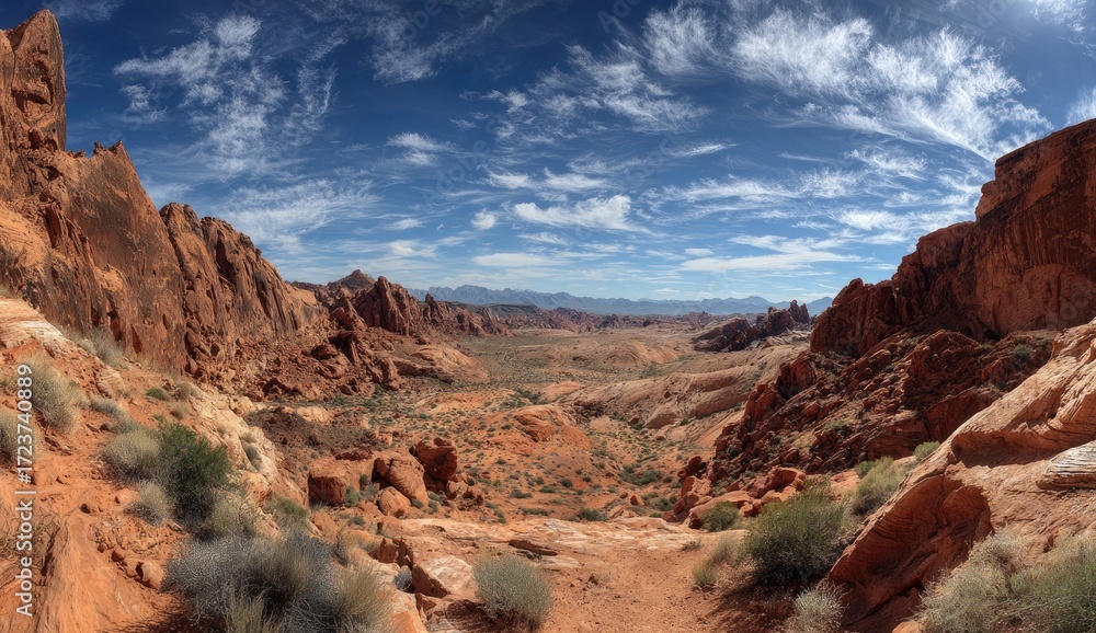 Fototapeta premium Panoramic desert vista. Red rock formations frame a valley. Sky is mostly blue with scattered white clouds. Sparse vegetation