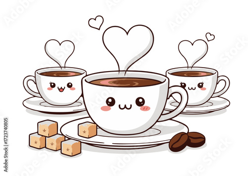 Three Kawaii Coffee Cups with Heart-Shaped Steam Smiling Faces and Sugar Cubes.