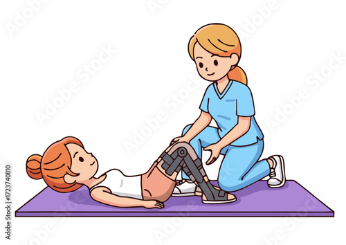 Physical Therapist Assisting Patient with Knee Brace During Exercise.