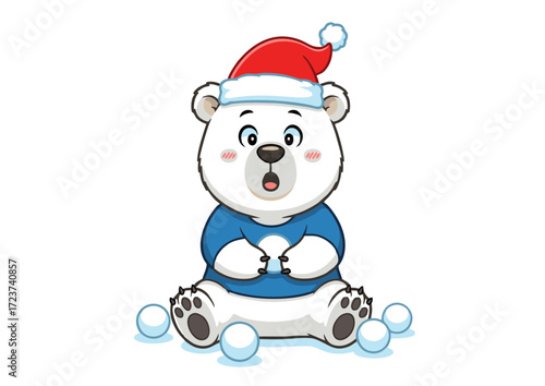 Adorable Surprised Polar Bear Cub in Santa Hat and Blue Shirt Playing with Snowballs.