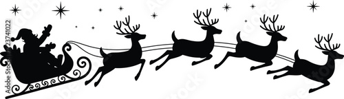 Santa Claus sleigh silhouette, reindeer flying illustration, Christmas holiday design, festive winter season graphic, holiday celebration art, Xmas night magical scene