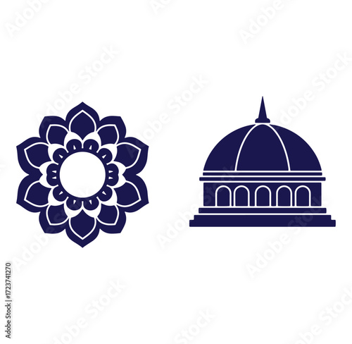 Elegant blue vector illustration of floral ornament and architectural dome silhouette