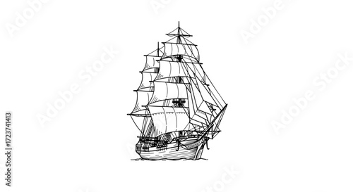 Antique Sailing Ship Illustration on a Clean White Background