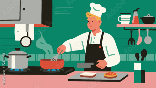 The chef is cooking in the kitchen, with hand-drawn vector illustrations