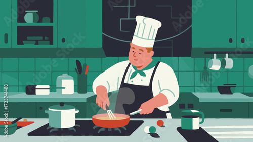 The chef is cooking in the kitchen, with hand-drawn vector illustrations