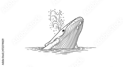Humpback Whale Breaching Water: A Black and White Minimalist Line Art
