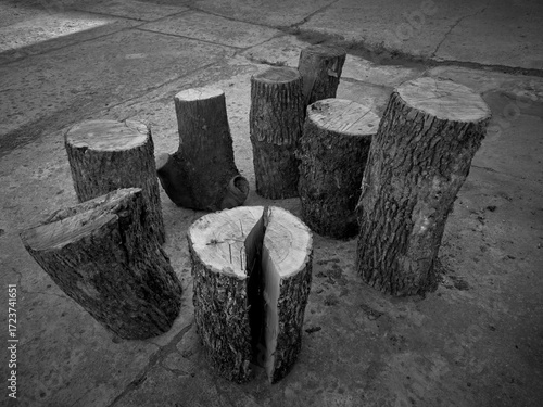 Someone put several wooden blocks on the old concrete platform, they are different in shape and stand chaotically, something like a spontaneous Stonehenge, an abstract photograph.