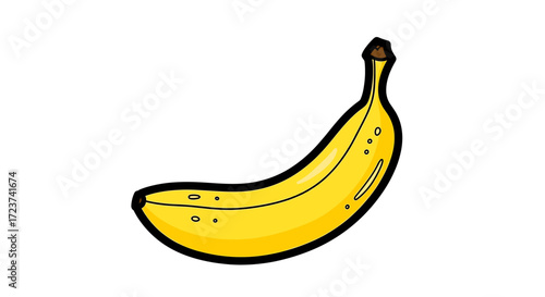 Bright Yellow Banana with Black Outline on White Background
