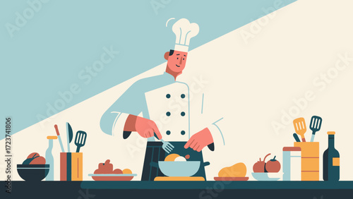 The chef is cooking in the kitchen, with hand-drawn vector illustrations
