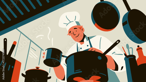 The chef is cooking in the kitchen, with hand-drawn vector illustrations