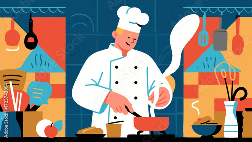 The chef is cooking in the kitchen, with hand-drawn vector illustrations