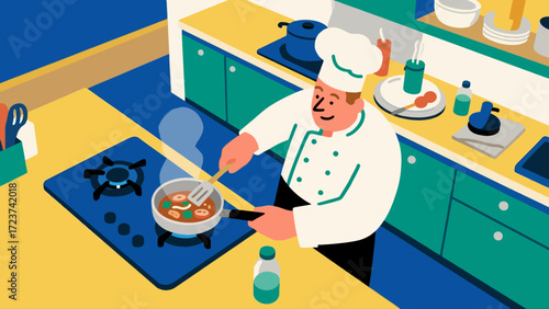 The chef is cooking in the kitchen, with hand-drawn vector illustrations