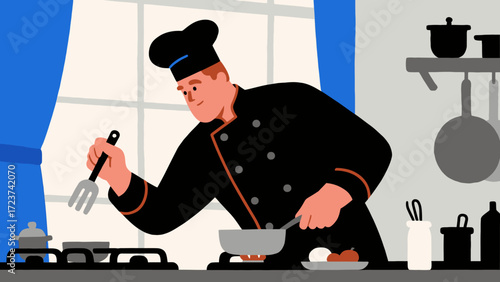 The chef is cooking in the kitchen, with hand-drawn vector illustrations