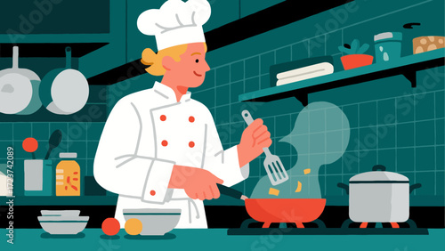 The chef is cooking in the kitchen, with hand-drawn vector illustrations