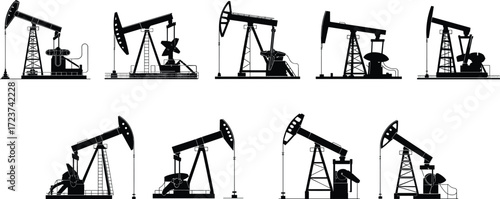 Black Silhouette Oil Pump Jack Icon Set for Energy Industry and Fossil Fuel Production on White Background, Flat Vector Illustration