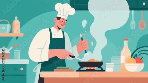The chef is cooking in the kitchen, with hand-drawn vector illustrations