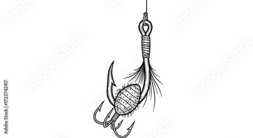 Detailed Fishing Lure Illustration with Hooks and String Hanging Down