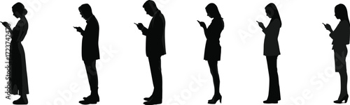 Black Silhouette Set of People Using Mobile Phones, Standing Profile View, Representing Digital Communication, Addiction, and Technology Usage