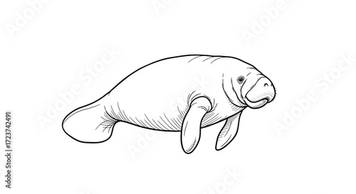 Elegant manatee illustration displaying detailed line work on a plain background.