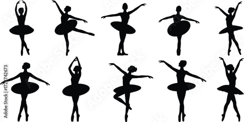 Flat vector illustration of ballerina silhouettes dancing in elegant poses, ballet dancers performing classical moves, graceful female figures in tutu costumes