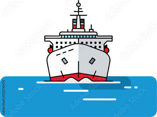Flat Minimalist Cruise Ship Front View Vector Illustration with Bold Outlines