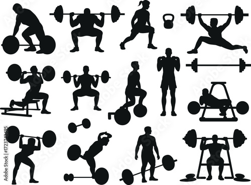 Collection of weightlifting workout silhouettes, an illustration of people training with barbells and dumbbells in a gym, flat vector