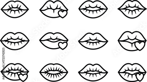 Vector Line Icons of Lips and Hearts - Collection of Mouth Expressions for Love and Romance