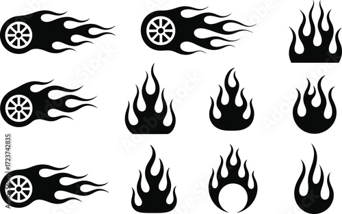 Automotive Flame and Fire Vector Icons - Set of Burning Wheels and Fire Shapes