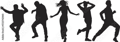 Flat vector illustration of dancing people silhouettes, energetic men and woman performing dance moves, black human figures isolated on white background for design