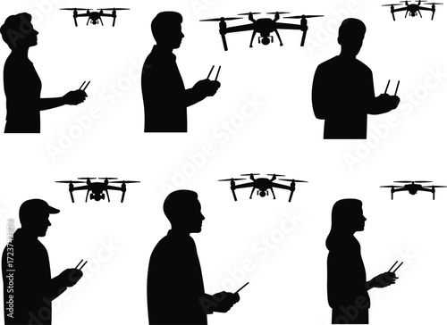 Flat vector illustration of drone pilots controlling quadcopters with remote controllers, modern unmanned aerial technology, silhouette people flying drones