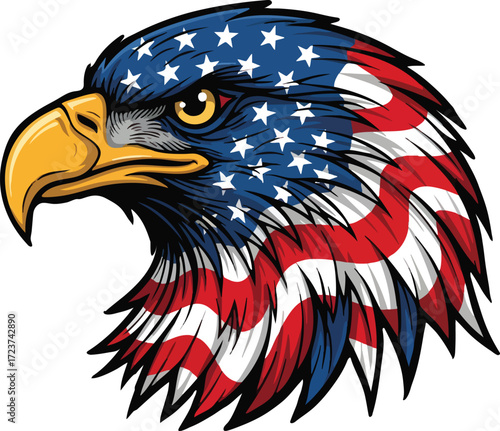 Patriotic Bald Eagle Head with American Flag - USA Symbol Vector Illustration