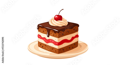 Delicious Layered Chocolate Cake Slice with Cherry on Top