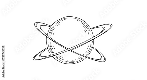 Line Art Saturn-Like Planet Illustration with Rings on White Background