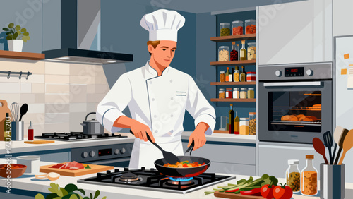 The chef is cooking in the kitchen, with hand-drawn vector illustrations