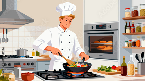 The chef is cooking in the kitchen, with hand-drawn vector illustrations