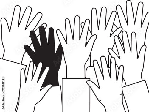 Many raised hands, one black hand among white hands, white background Keywords: hands, raised, up