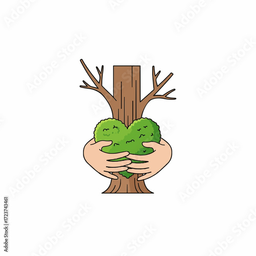 Caring hands lovingly embracing a tree with a green heart, a powerful symbol of environmental conservation and love for nature