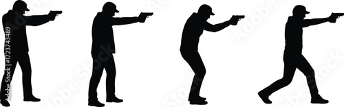 Man holding gun silhouette, shooter aiming illustration, firearm training vector, weapon practice design, security guard concept, flat vector illustration