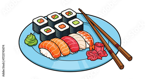 Delicious Sushi Platter: Colorful Rolls and Nigiri Illustration Artwork