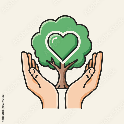 Vector icon of hands embracing a tree with a heart, symbolizing love for nature, environmental protection, and a green lifestyle