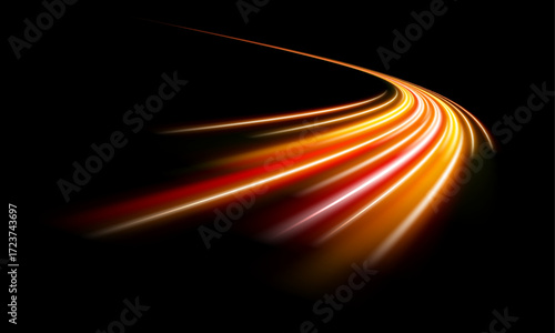 Expressway at night with orange neon car light trails, captured in long exposure. The glowing motion lines symbolize digital speed and futuristic roads. Ideal for modern backgrounds.