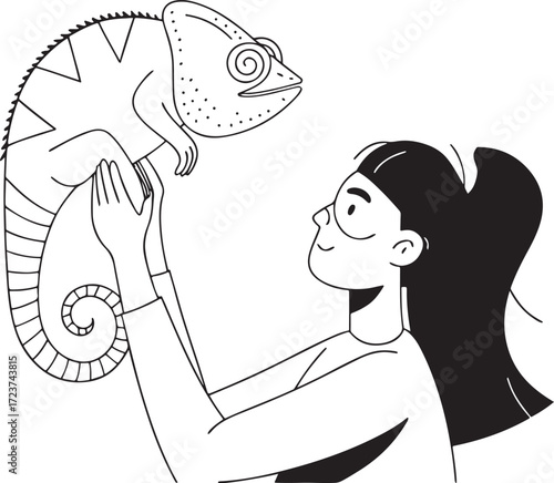 Woman holding a colorful chameleon in her hands looking up at it