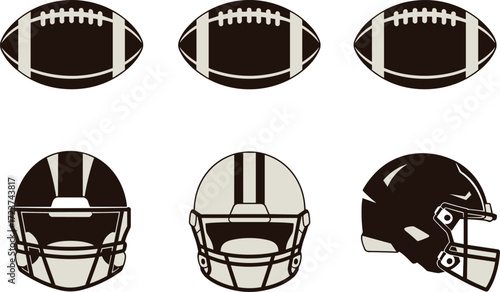 Set of American football balls and helmets vector illustration, a collection of sport equipment icons on a white background