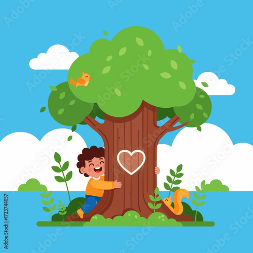 A young boy hugging a large tree with a heart carved on its trunk, a flat vector illustration representing the concept of loving nature and environmental conservation