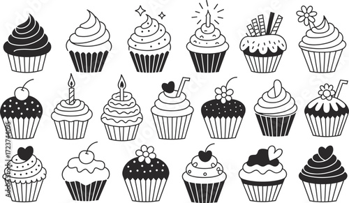 Set of different delicious cupcakes vector illustrations, a collection of sweet dessert icons with toppings and frosting, isolated on white background